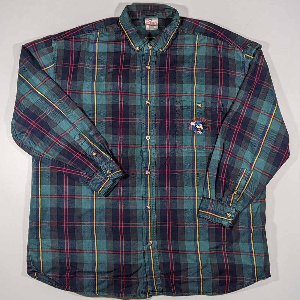 Vintage 90s Mickey Mouse Plaid Dress Shirt Size XL The Disney Store Green